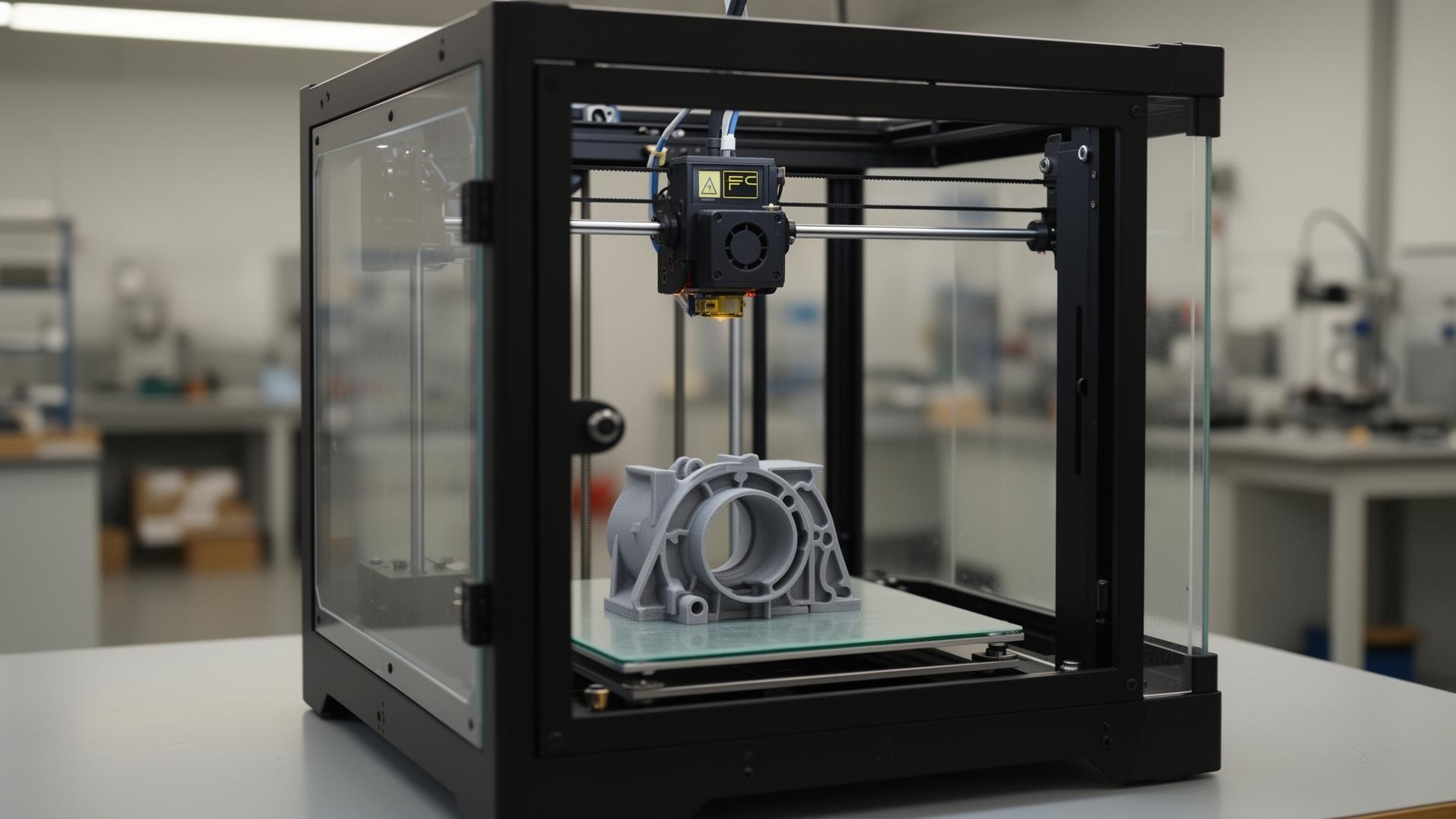 Industrial FDM 3D printer producing a manufacturing part