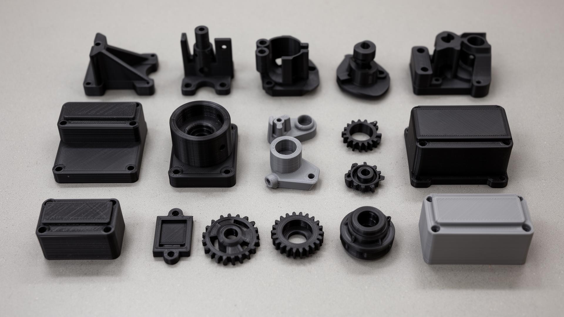 Assorted 3D printed industrial parts and fixtures